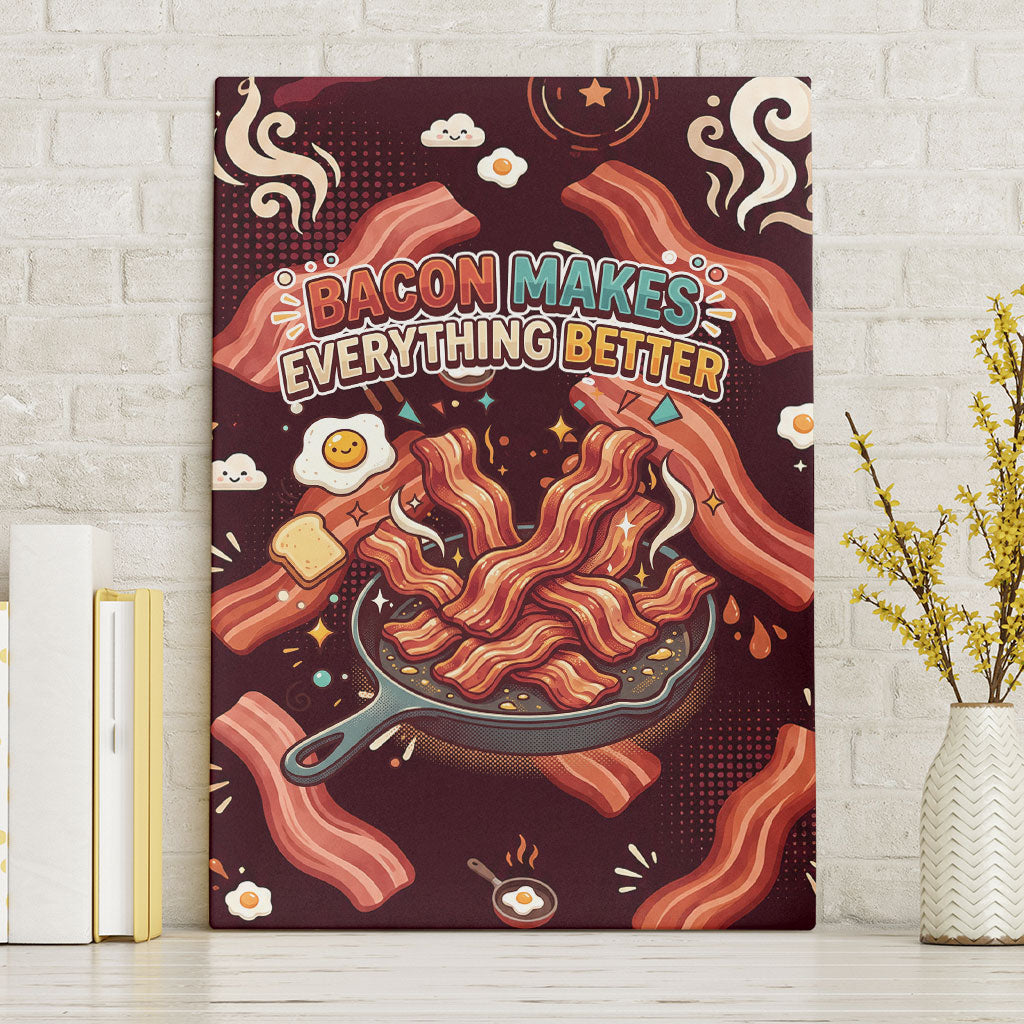 International Bacon Day Canvas Wall Art Retro Bacon Pattern With Sizzling Skillet Graphic