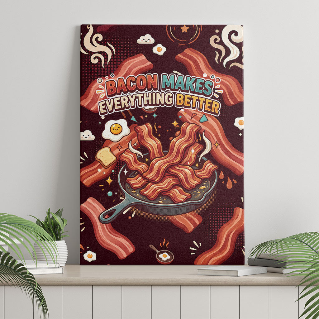International Bacon Day Canvas Wall Art Retro Bacon Pattern With Sizzling Skillet Graphic