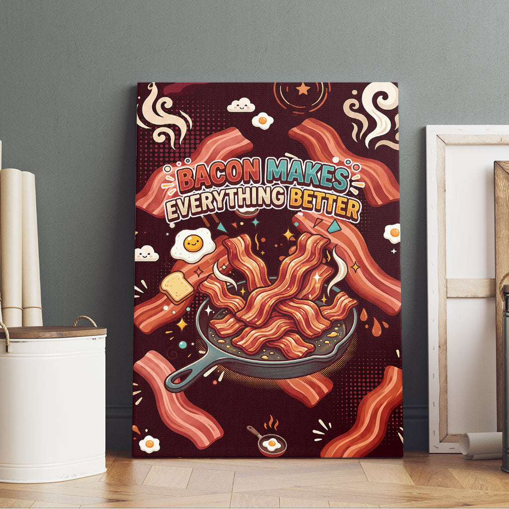 International Bacon Day Canvas Wall Art Retro Bacon Pattern With Sizzling Skillet Graphic