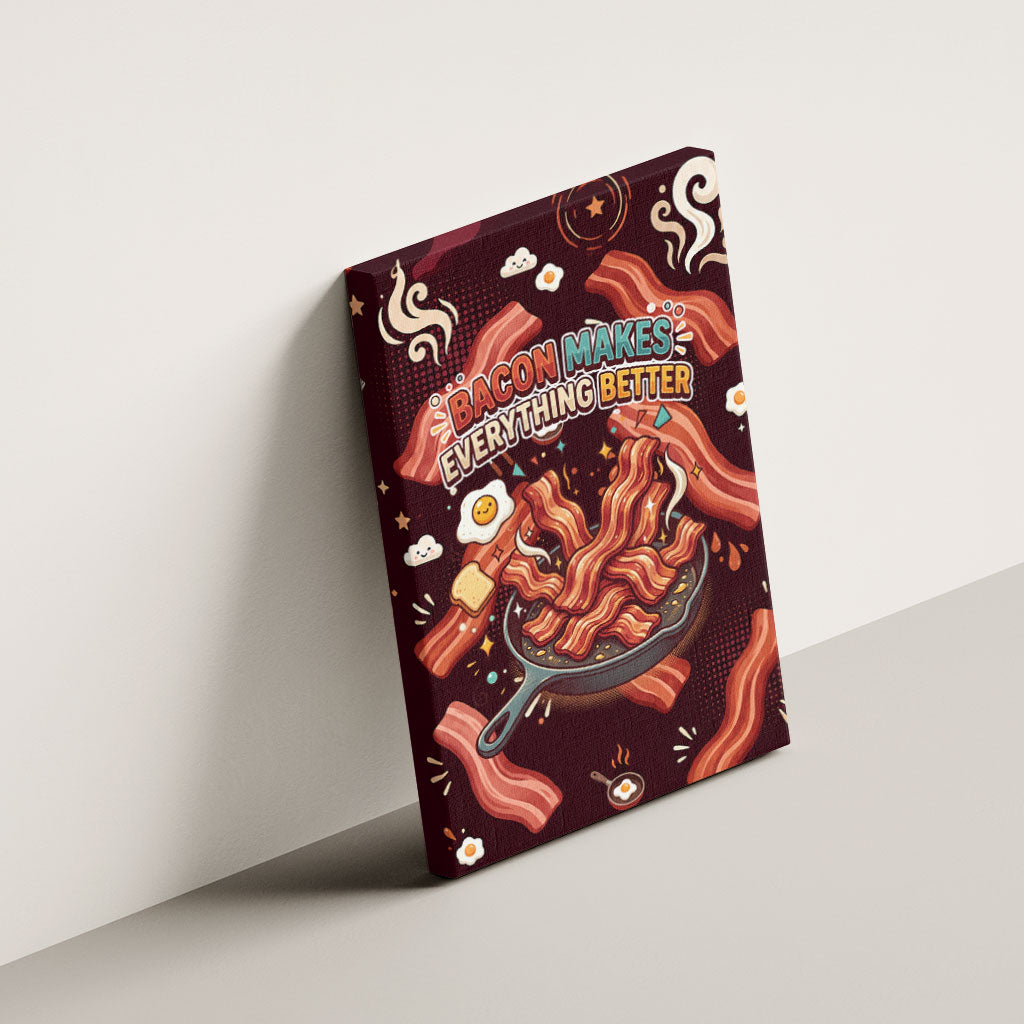 International Bacon Day Canvas Wall Art Retro Bacon Pattern With Sizzling Skillet Graphic