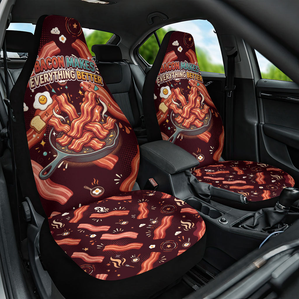 International Bacon Day Car Seat Cover Retro Bacon Pattern With Sizzling Skillet Graphic