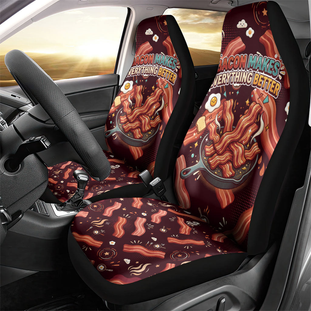 International Bacon Day Car Seat Cover Retro Bacon Pattern With Sizzling Skillet Graphic
