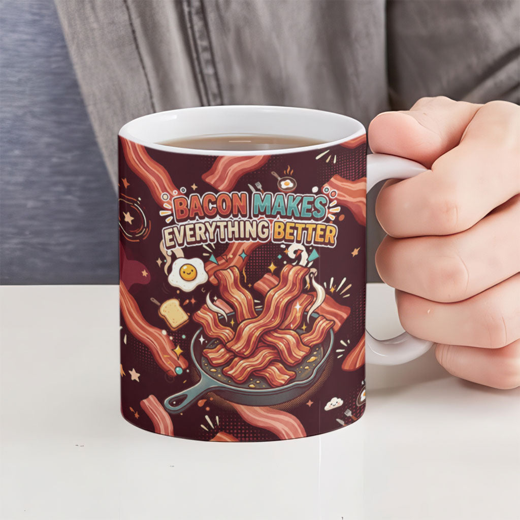 International Bacon Day Ceramic Mug Retro Bacon Pattern With Sizzling Skillet Graphic