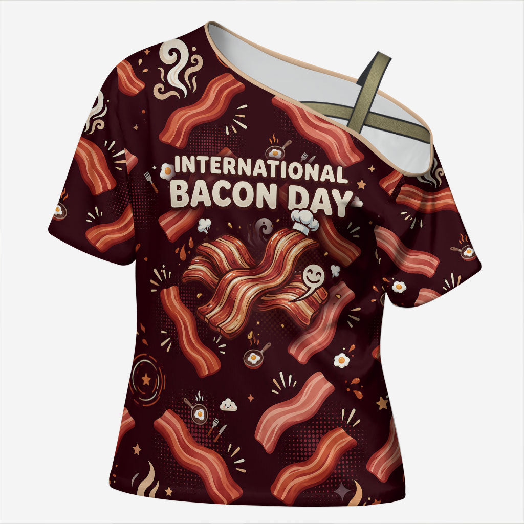 International Bacon Day Cross Shoulder Shirt Retro Bacon Pattern With Sizzling Skillet Graphic