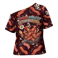 International Bacon Day Cross Shoulder Shirt Retro Bacon Pattern With Sizzling Skillet Graphic