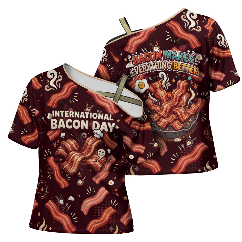 International Bacon Day Cross Shoulder Shirt Retro Bacon Pattern With Sizzling Skillet Graphic