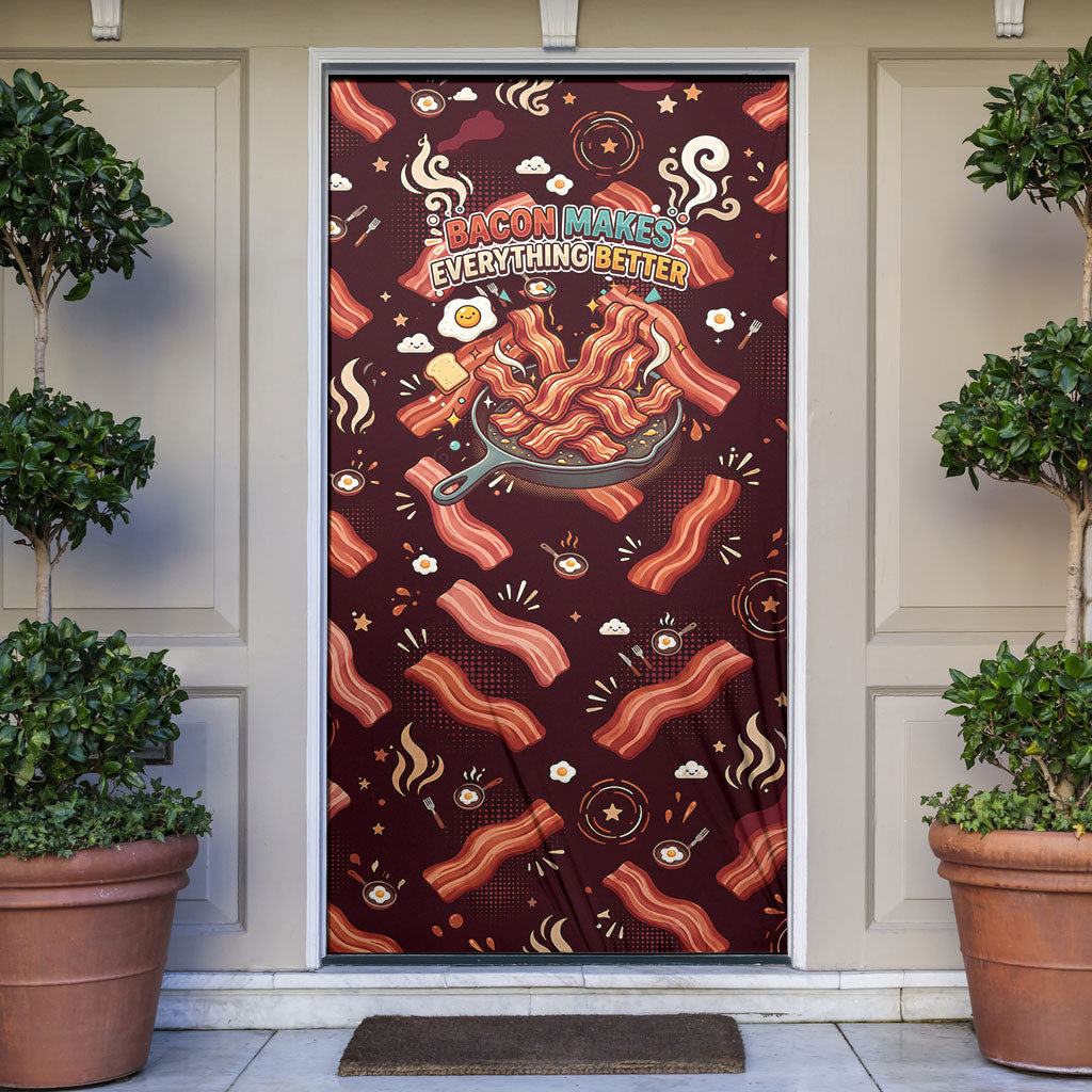 International Bacon Day Door Cover Retro Bacon Pattern With Sizzling Skillet Graphic