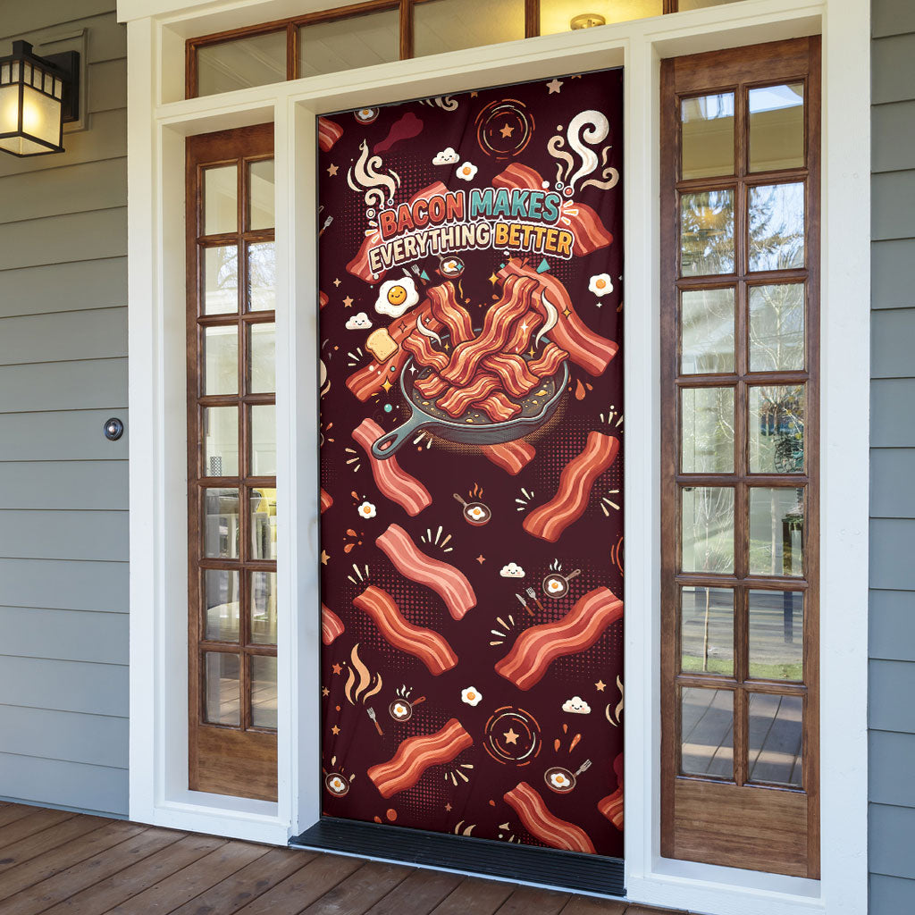 International Bacon Day Door Cover Retro Bacon Pattern With Sizzling Skillet Graphic