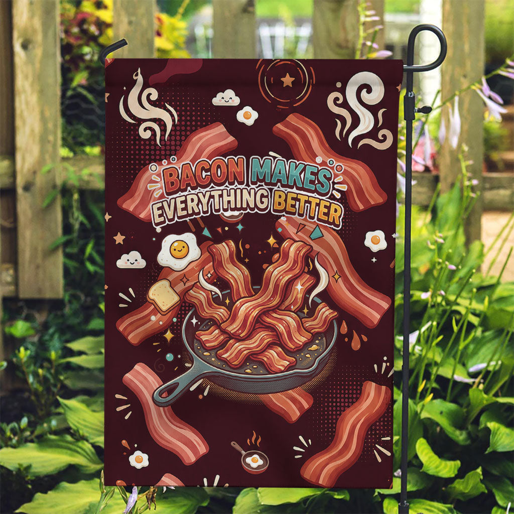 International Bacon Day Garden Flag Retro Bacon Pattern With Sizzling Skillet Graphic