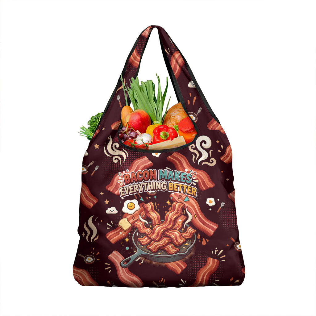 International Bacon Day Grocery Bag Retro Bacon Pattern With Sizzling Skillet Graphic