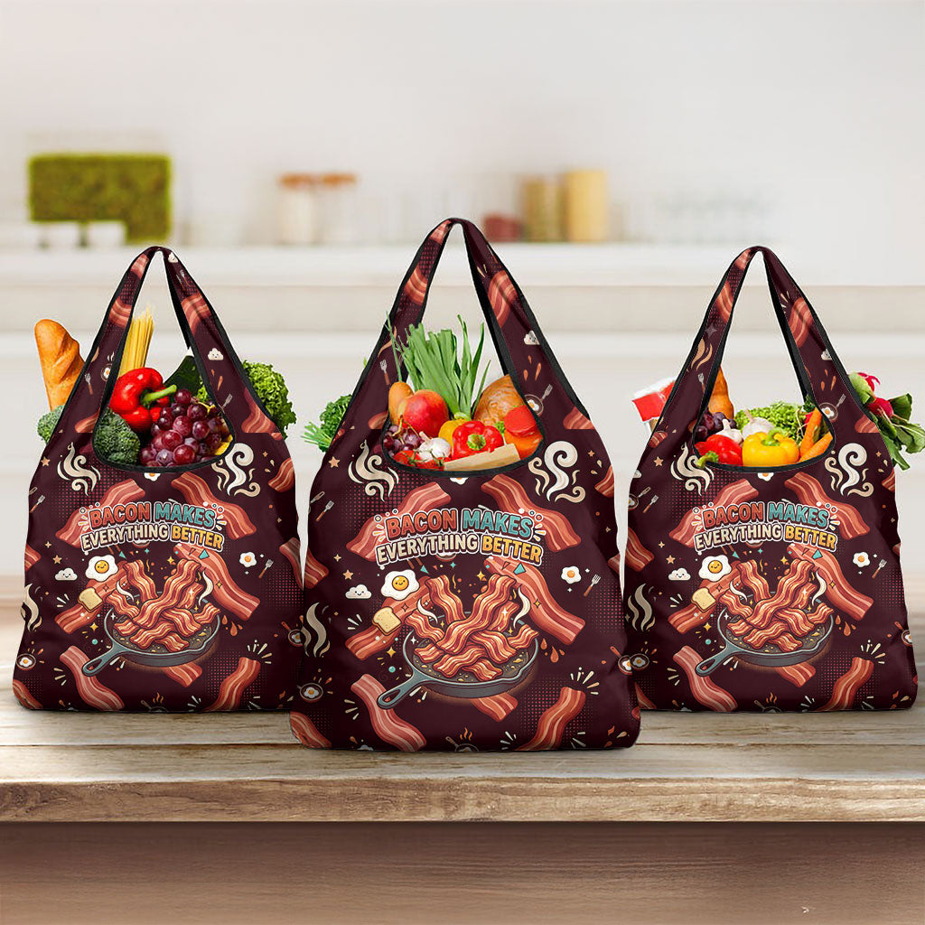 International Bacon Day Grocery Bag Retro Bacon Pattern With Sizzling Skillet Graphic
