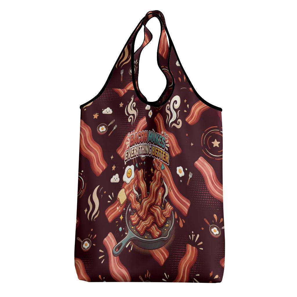 International Bacon Day Grocery Bag Retro Bacon Pattern With Sizzling Skillet Graphic