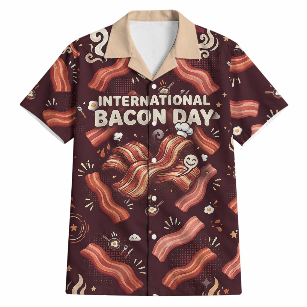 International Bacon Day Hawaiian Shirt Retro Bacon Pattern With Sizzling Skillet Graphic