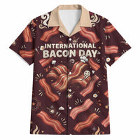 International Bacon Day Hawaiian Shirt Retro Bacon Pattern With Sizzling Skillet Graphic