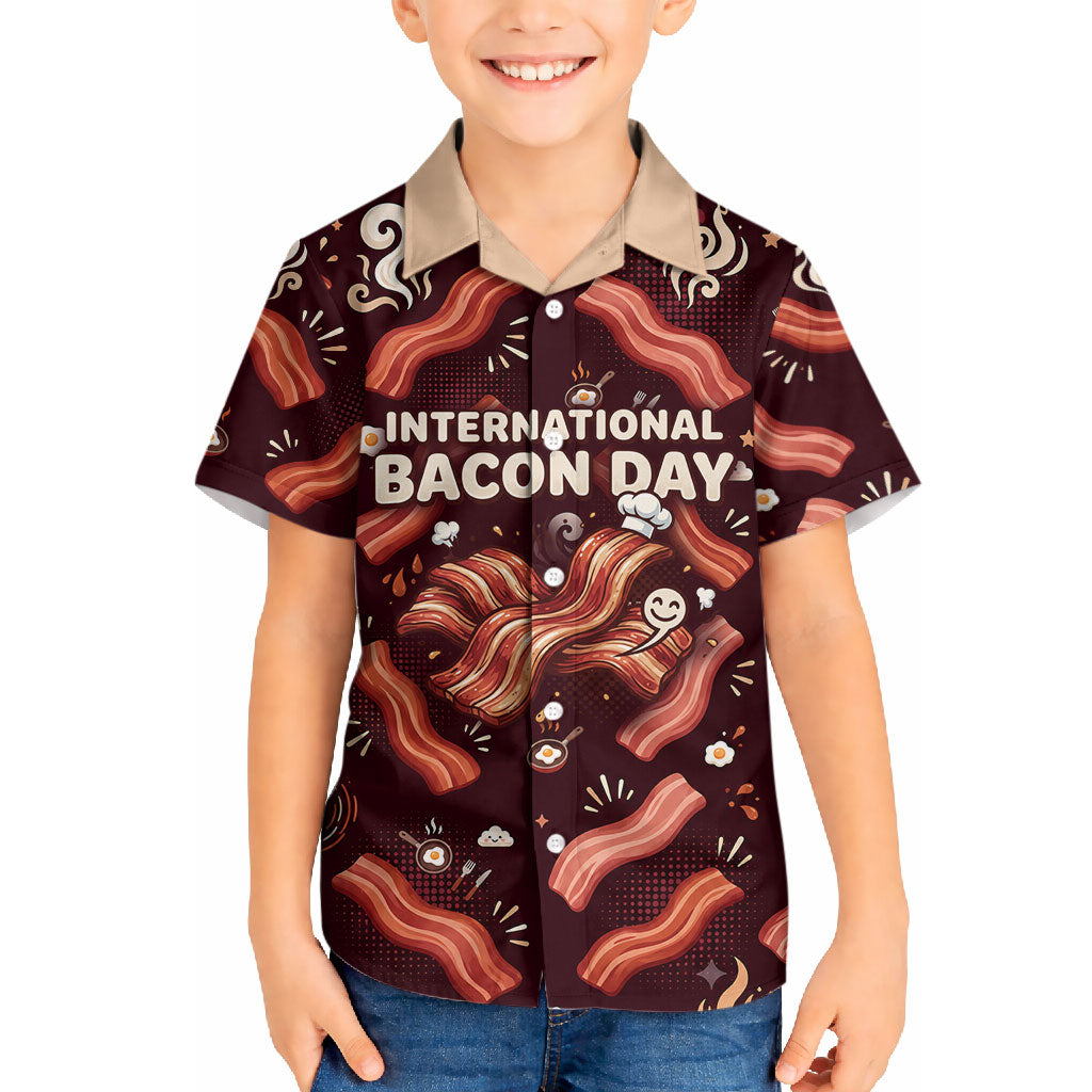 International Bacon Day Hawaiian Shirt Retro Bacon Pattern With Sizzling Skillet Graphic