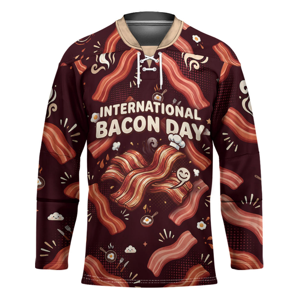 International Bacon Day Hockey Jersey Retro Bacon Pattern With Sizzling Skillet Graphic