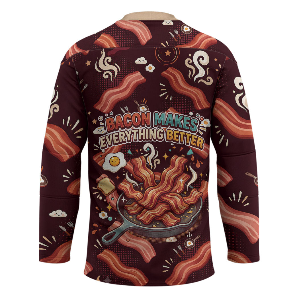 International Bacon Day Hockey Jersey Retro Bacon Pattern With Sizzling Skillet Graphic
