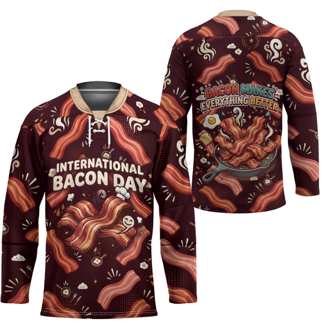 International Bacon Day Hockey Jersey Retro Bacon Pattern With Sizzling Skillet Graphic