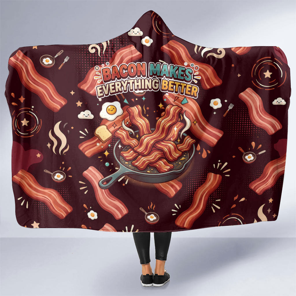 International Bacon Day Hooded Blanket Retro Bacon Pattern With Sizzling Skillet Graphic