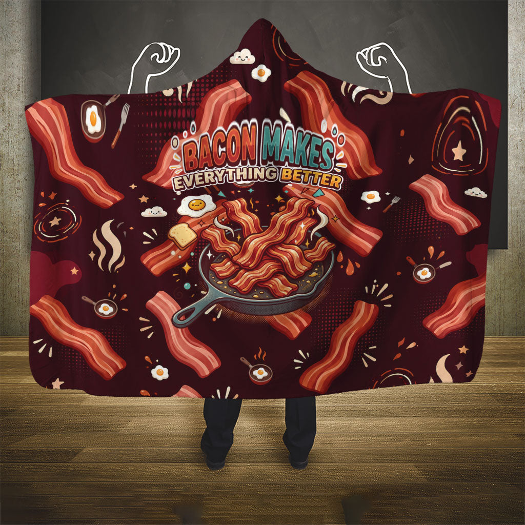 International Bacon Day Hooded Blanket Retro Bacon Pattern With Sizzling Skillet Graphic