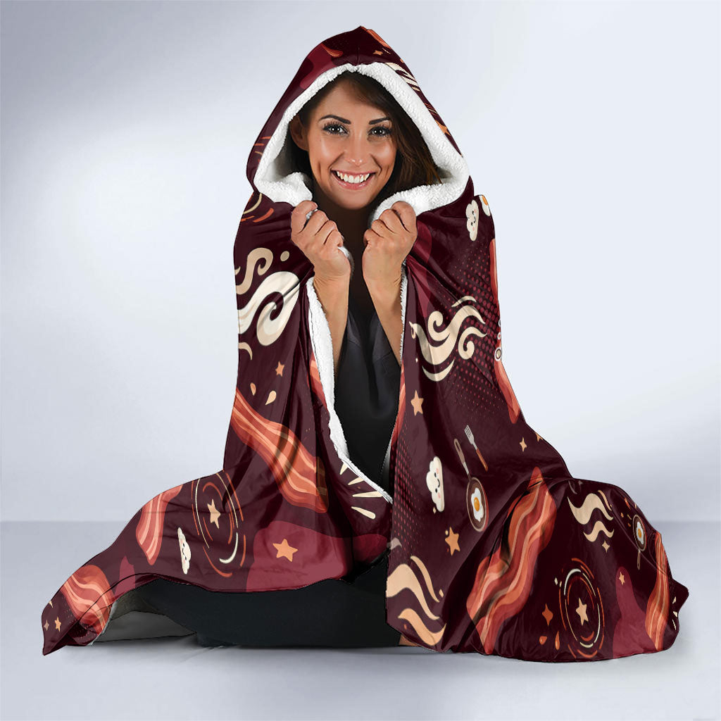 International Bacon Day Hooded Blanket Retro Bacon Pattern With Sizzling Skillet Graphic