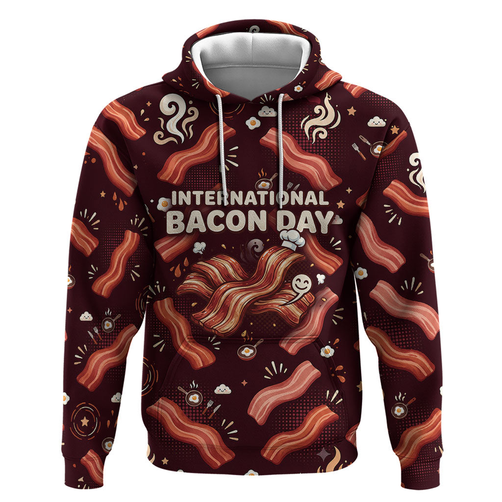 International Bacon Day Hoodie Retro Bacon Pattern With Sizzling Skillet Graphic