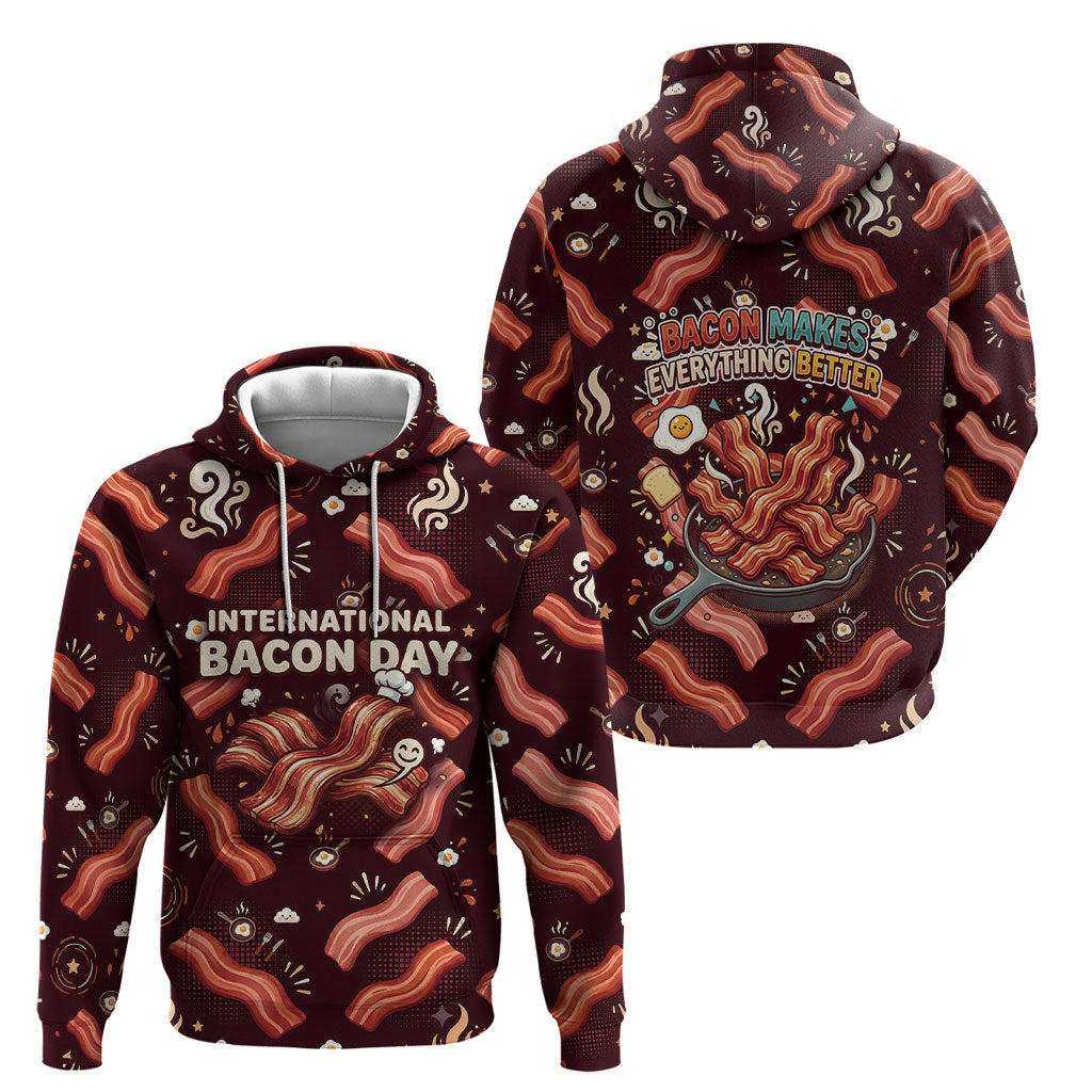 International Bacon Day Hoodie Retro Bacon Pattern With Sizzling Skillet Graphic
