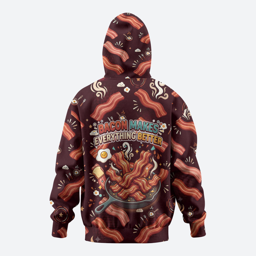International Bacon Day Hoodie Retro Bacon Pattern With Sizzling Skillet Graphic