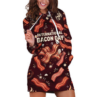 International Bacon Day Hoodie Dress Retro Bacon Pattern With Sizzling Skillet Graphic