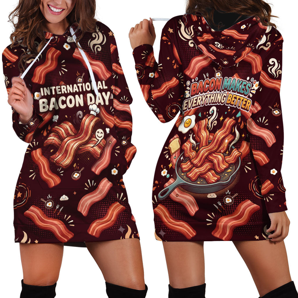 International Bacon Day Hoodie Dress Retro Bacon Pattern With Sizzling Skillet Graphic