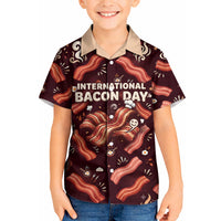 International Bacon Day Kid Hawaiian Shirt Retro Bacon Pattern With Sizzling Skillet Graphic