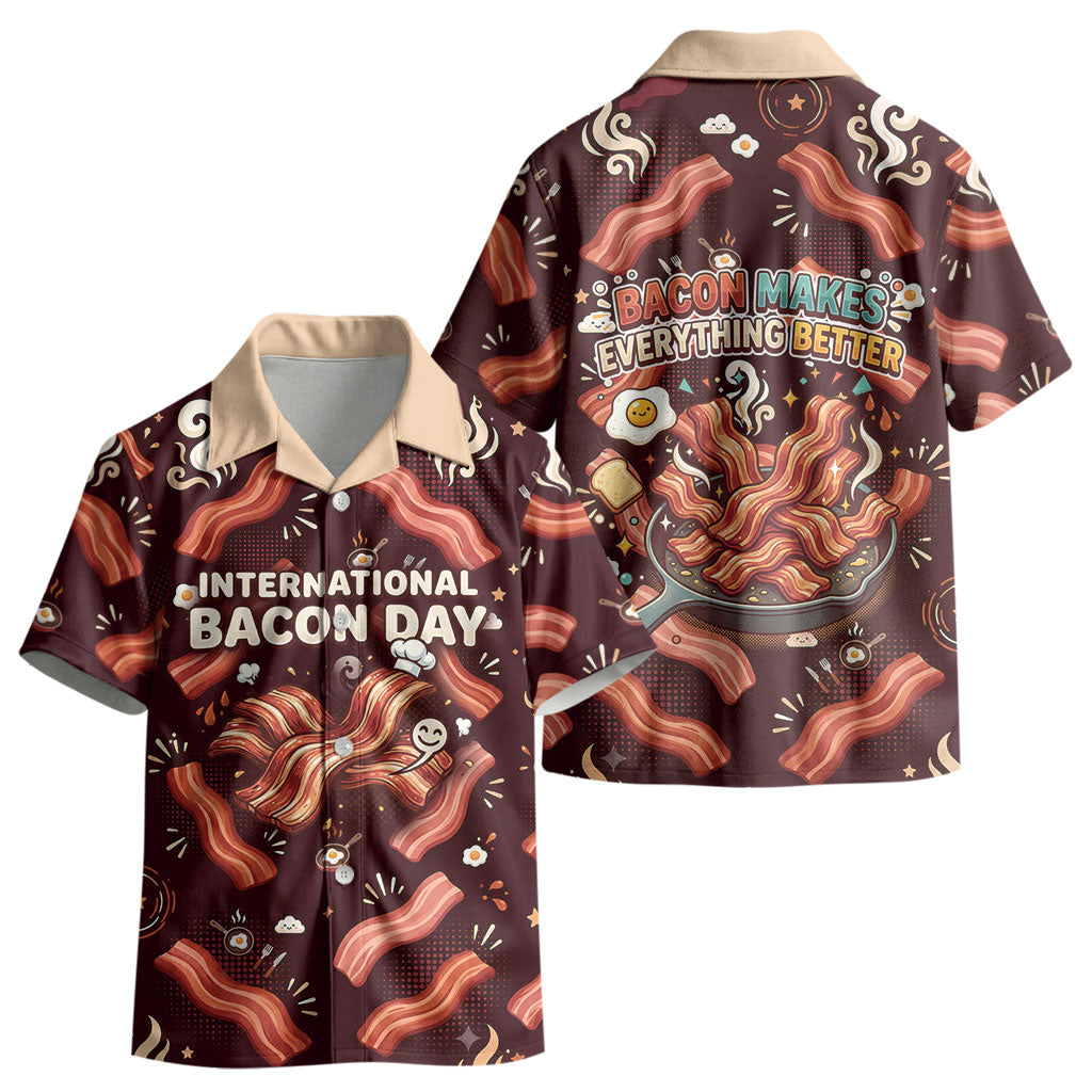 International Bacon Day Kid Hawaiian Shirt Retro Bacon Pattern With Sizzling Skillet Graphic