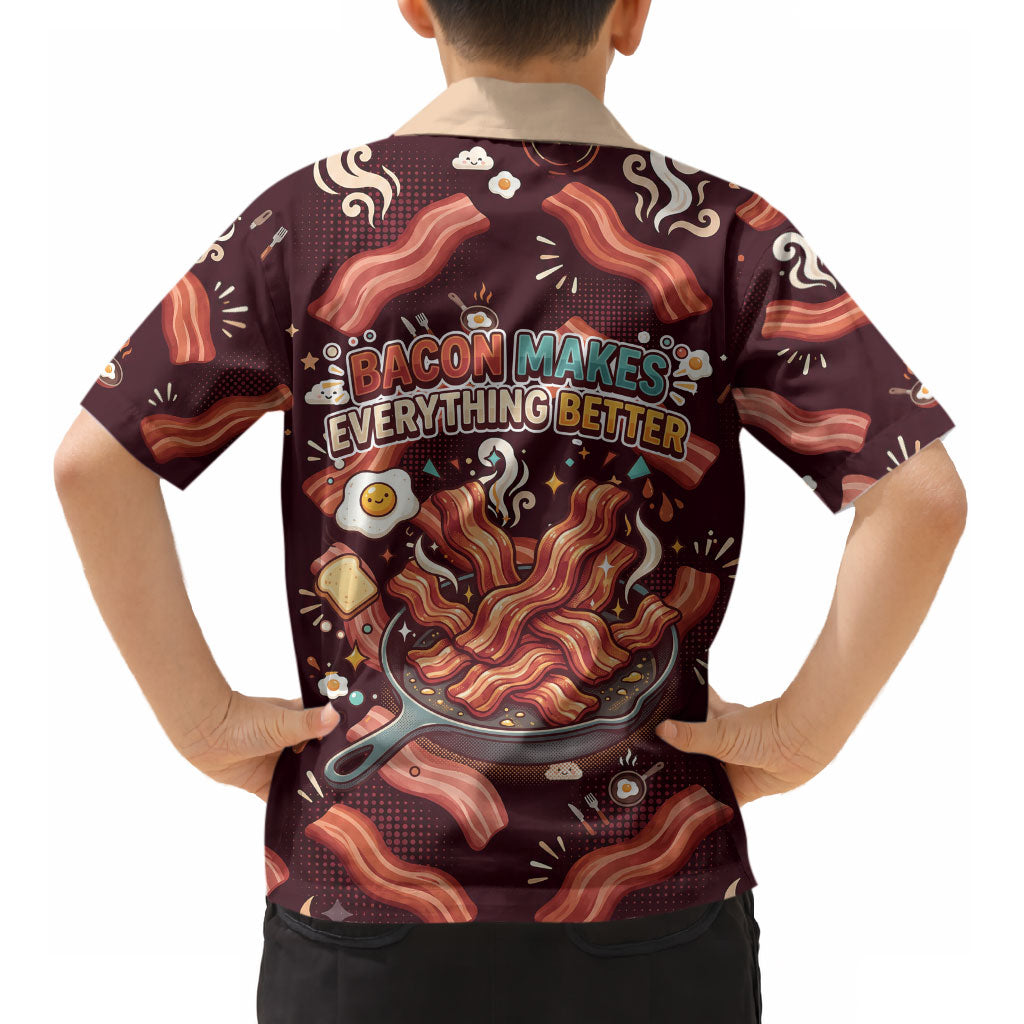 International Bacon Day Kid Hawaiian Shirt Retro Bacon Pattern With Sizzling Skillet Graphic