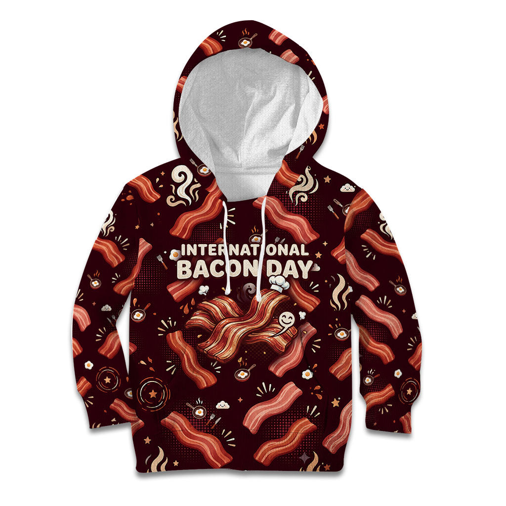 International Bacon Day Kid Hoodie Retro Bacon Pattern With Sizzling Skillet Graphic