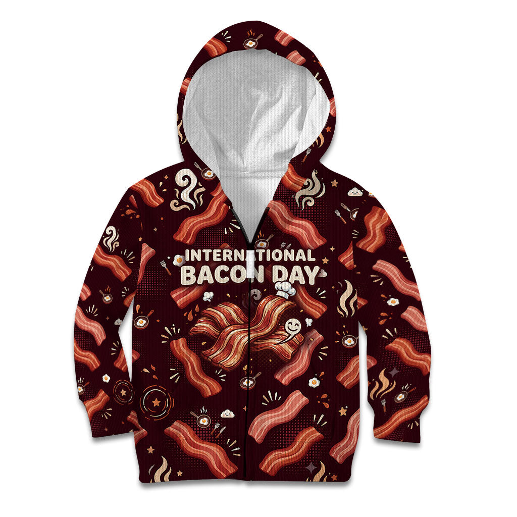 International Bacon Day Kid Hoodie Retro Bacon Pattern With Sizzling Skillet Graphic
