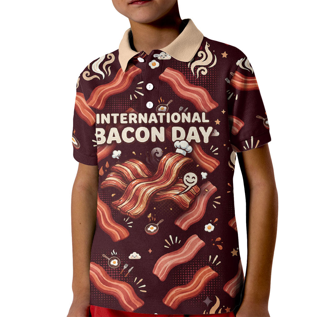 International Bacon Day Kid Polo Shirt Retro Bacon Pattern With Sizzling Skillet Graphic