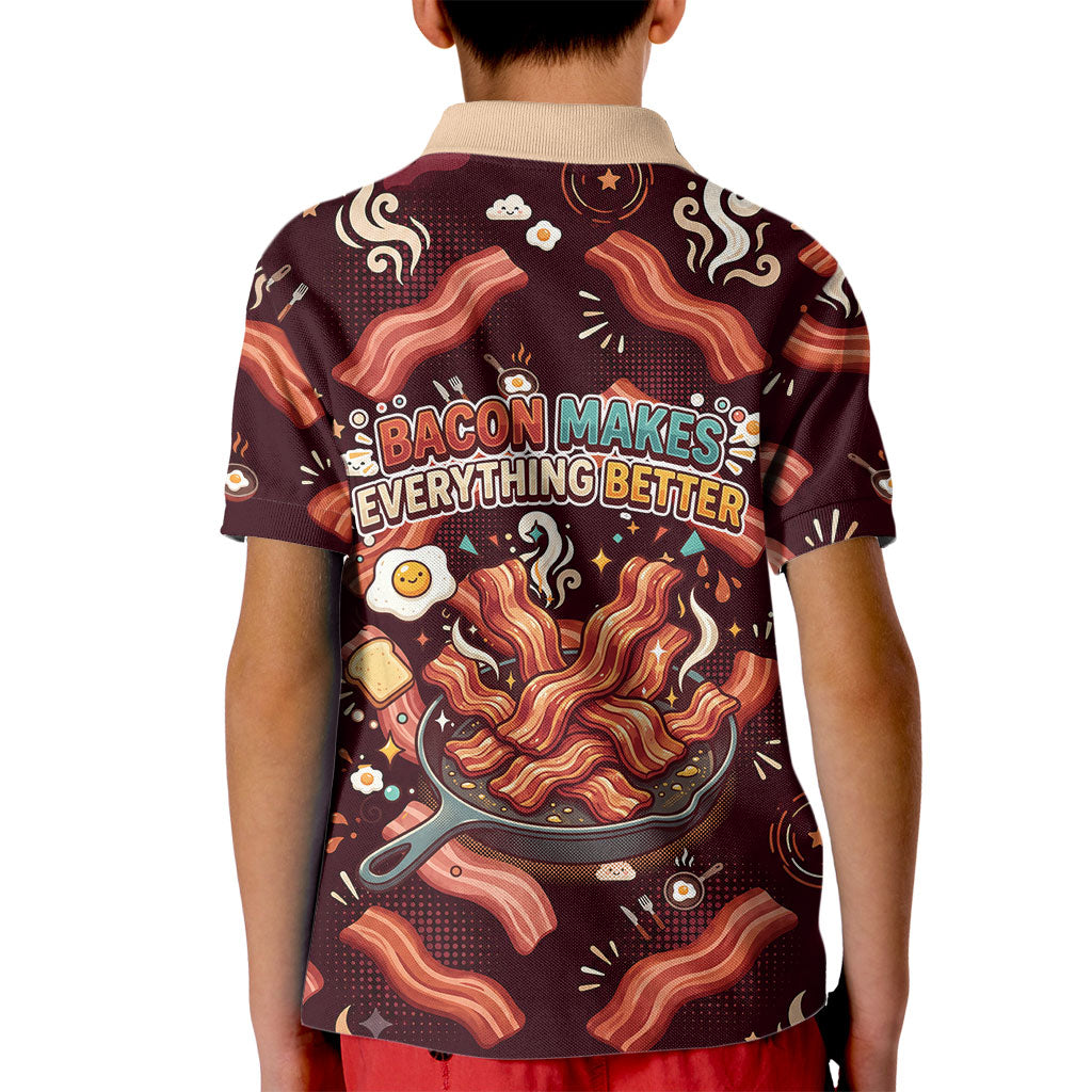 International Bacon Day Kid Polo Shirt Retro Bacon Pattern With Sizzling Skillet Graphic