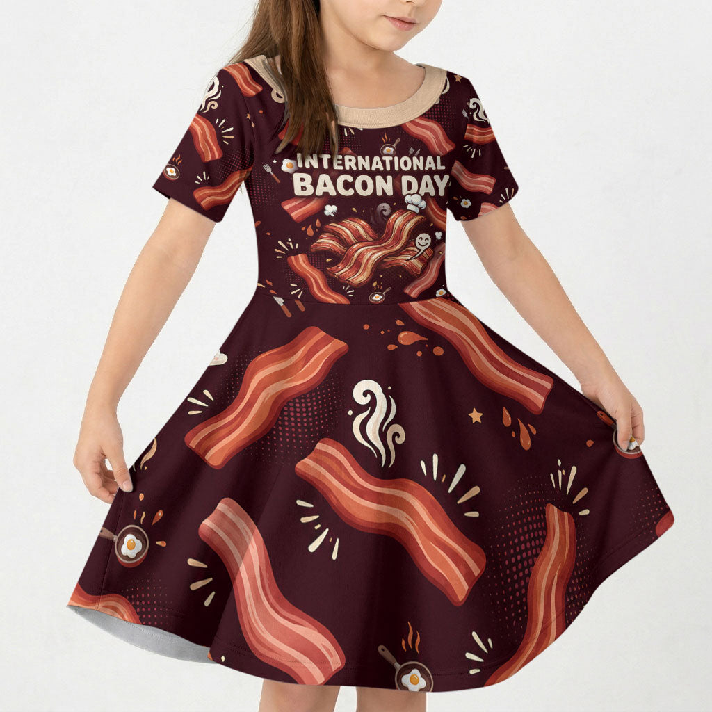 International Bacon Day Kid Short Sleeve Dress Retro Bacon Pattern With Sizzling Skillet Graphic