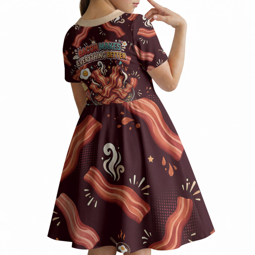 International Bacon Day Kid Short Sleeve Dress Retro Bacon Pattern With Sizzling Skillet Graphic