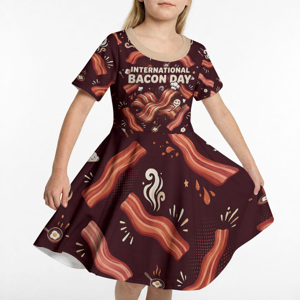 International Bacon Day Kid Short Sleeve Dress Retro Bacon Pattern With Sizzling Skillet Graphic