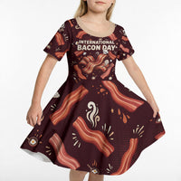 International Bacon Day Kid Short Sleeve Dress Retro Bacon Pattern With Sizzling Skillet Graphic
