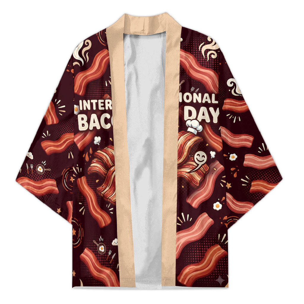 International Bacon Day Kimono Retro Bacon Pattern With Sizzling Skillet Graphic