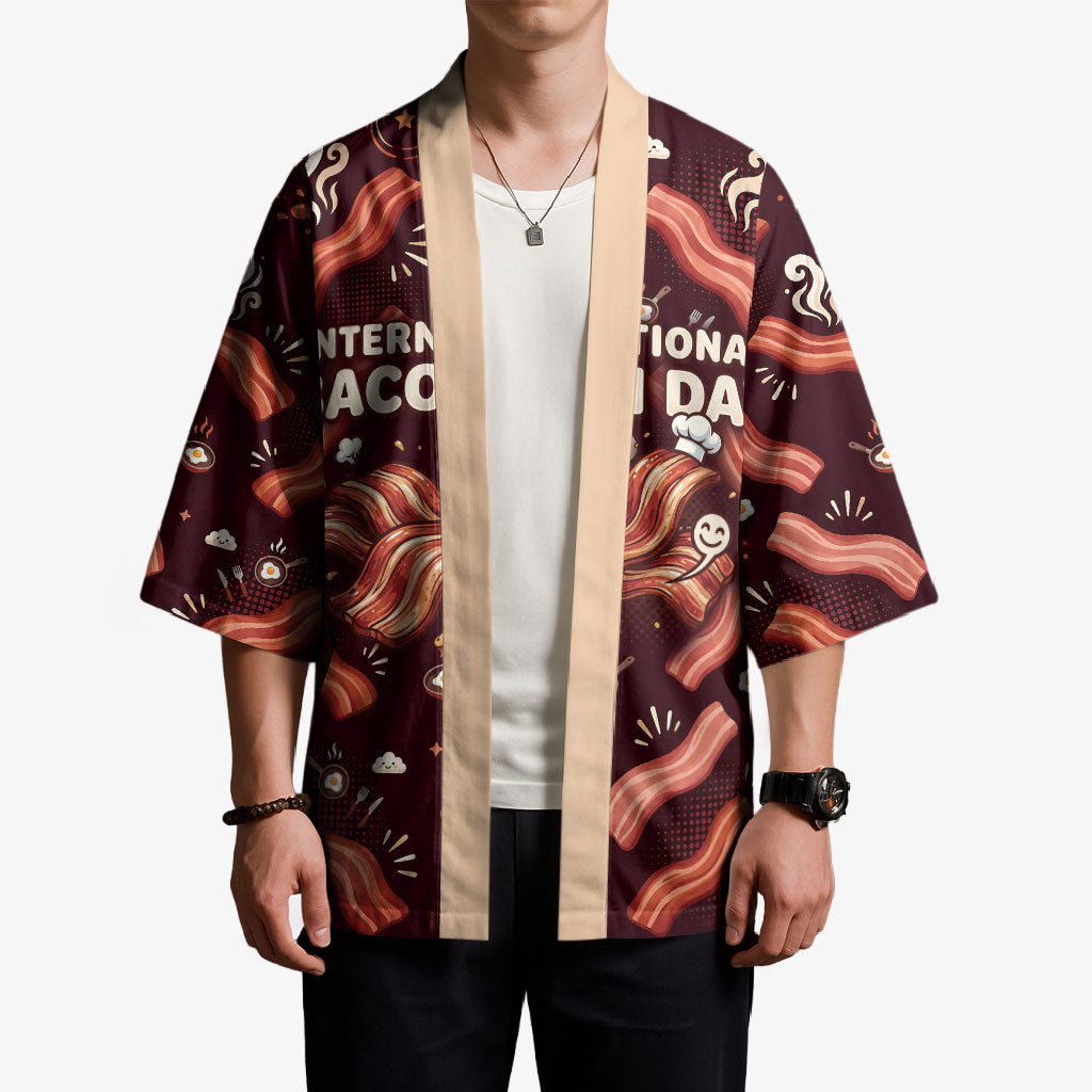 International Bacon Day Kimono Retro Bacon Pattern With Sizzling Skillet Graphic