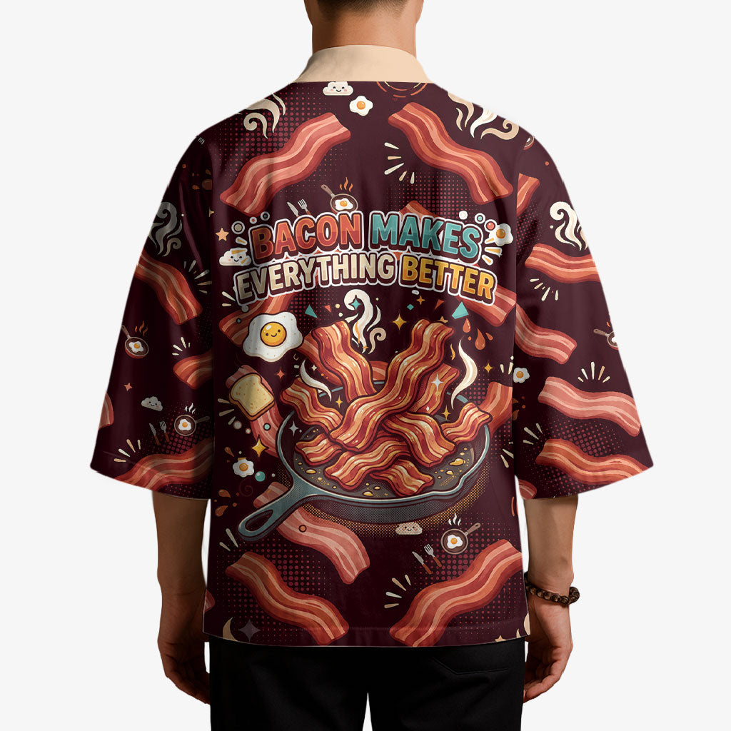 International Bacon Day Kimono Retro Bacon Pattern With Sizzling Skillet Graphic
