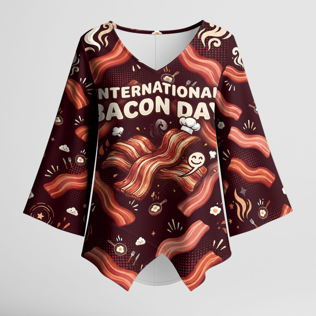 International Bacon Day Kimono Sleeve Blouse Retro Bacon Pattern With Sizzling Skillet Graphic