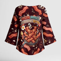 International Bacon Day Kimono Sleeve Blouse Retro Bacon Pattern With Sizzling Skillet Graphic
