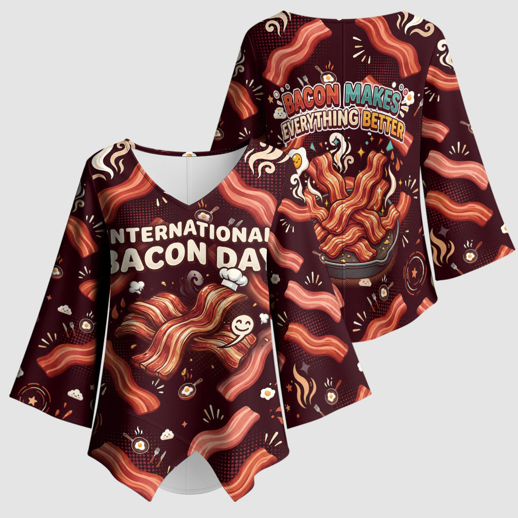 International Bacon Day Kimono Sleeve Blouse Retro Bacon Pattern With Sizzling Skillet Graphic