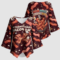 International Bacon Day Kimono Sleeve Blouse Retro Bacon Pattern With Sizzling Skillet Graphic