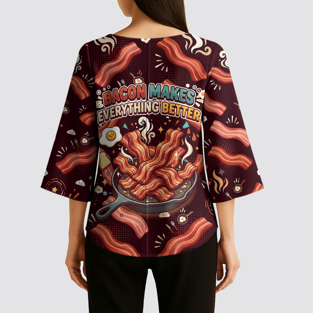 International Bacon Day Kimono Sleeve Blouse Retro Bacon Pattern With Sizzling Skillet Graphic
