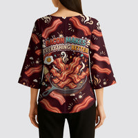 International Bacon Day Kimono Sleeve Blouse Retro Bacon Pattern With Sizzling Skillet Graphic